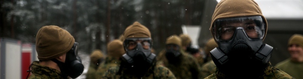 Wearing the M50 CBRN military-grade gas mask