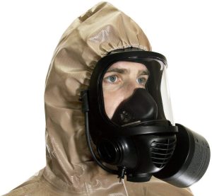 A man wearing a gas mask.