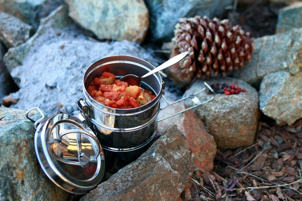 Food inside a stainless steel container