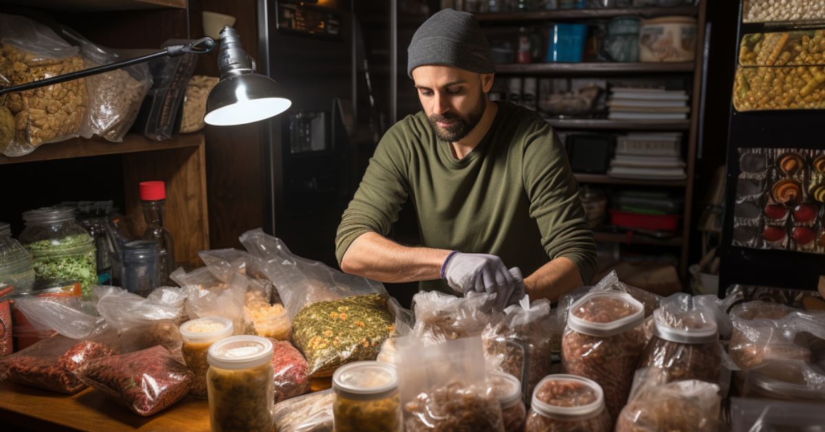 man packing supplies using proper storage techniques for long term food storage in hot climate