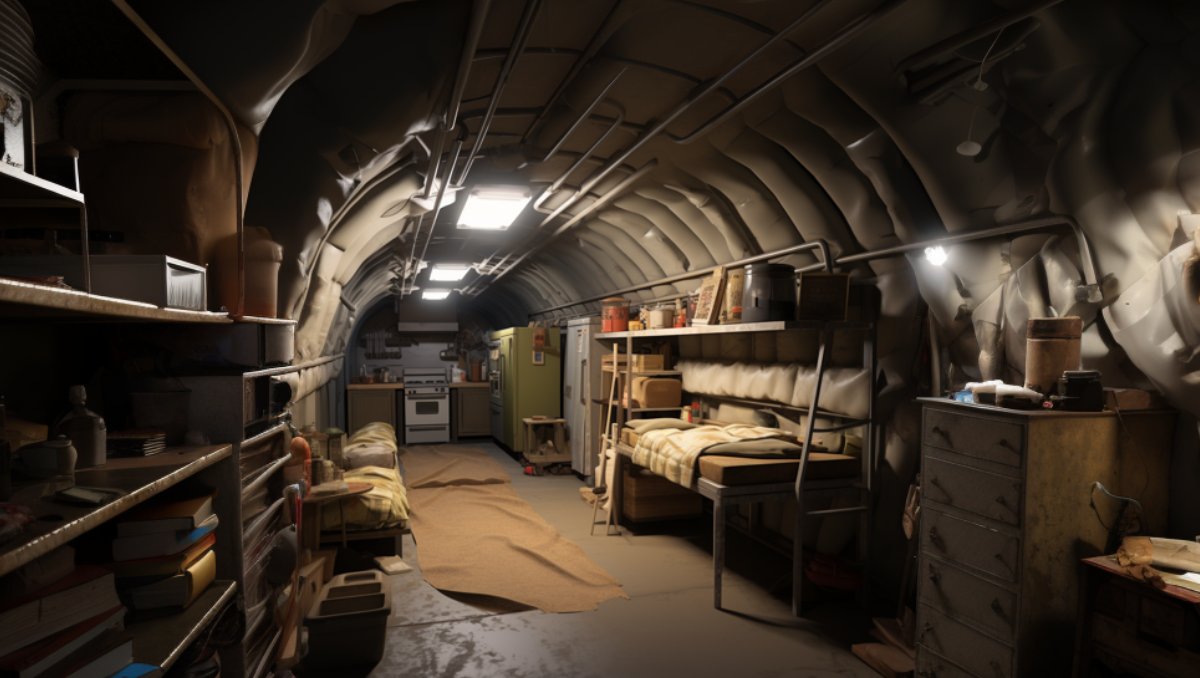 A basement shelter full of supplies as hideout for a nuclear attack.