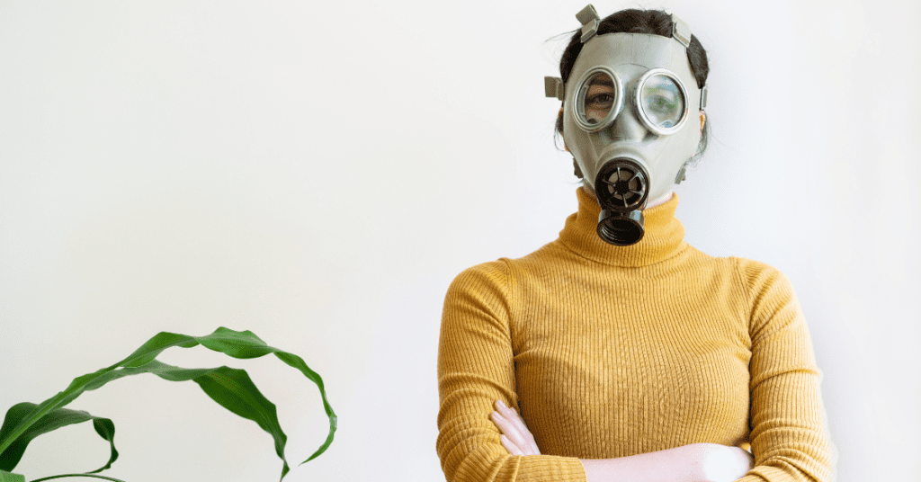 a woman wearing a gas mask