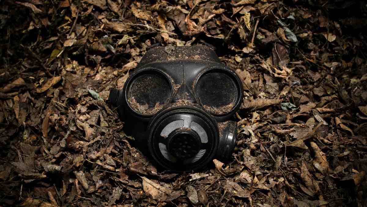 A gas mask buried in the soil.