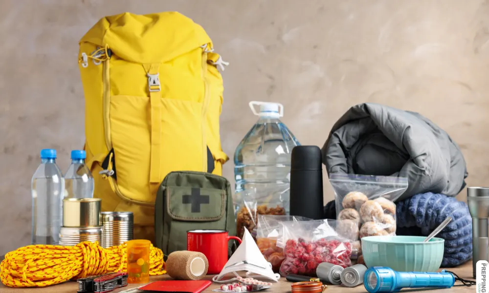 An emergency kit including bug-out bag, first aid kit, water, and others.