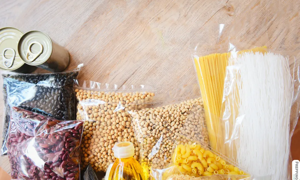 Food storage options such as canned goods, pasta, and beans.